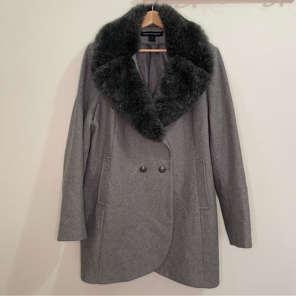 French Connection Charcoal Faux Fur Collared Double-Breasted Wool Blend Pea Coat